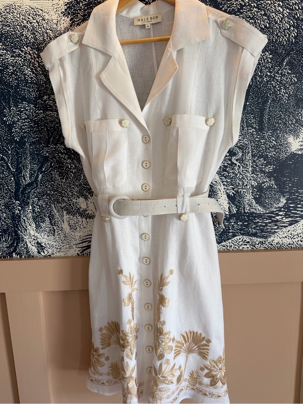 HALE BOB White Sleeveless Shirt Dress with Gold Floral Embroidery